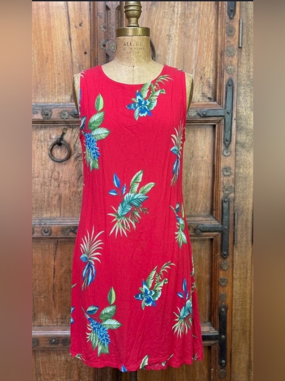Hibiscus Collection Hawaii Tropical Rayon Dress Red Blue Floral One Size OS